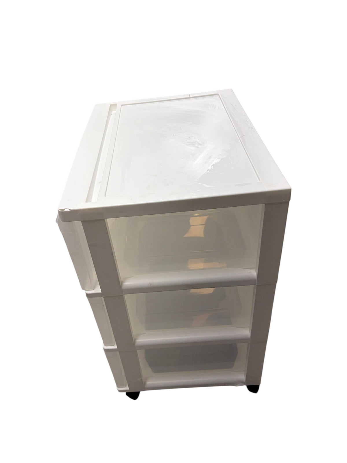 White and clear storage bin on wheels.