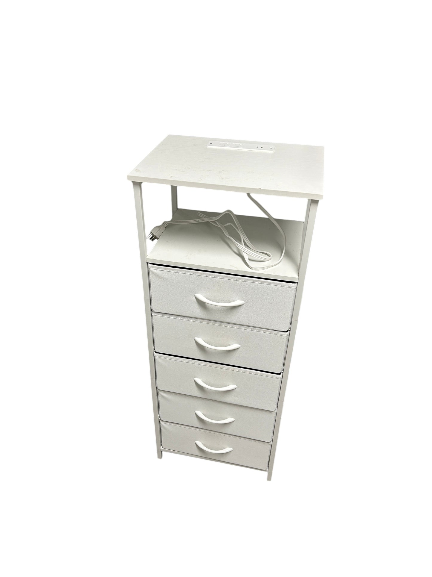 White nightstand with 5 drawers and power outlets.