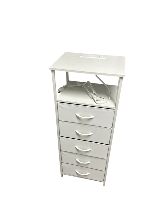 White nightstand with 5 drawers and power outlets.