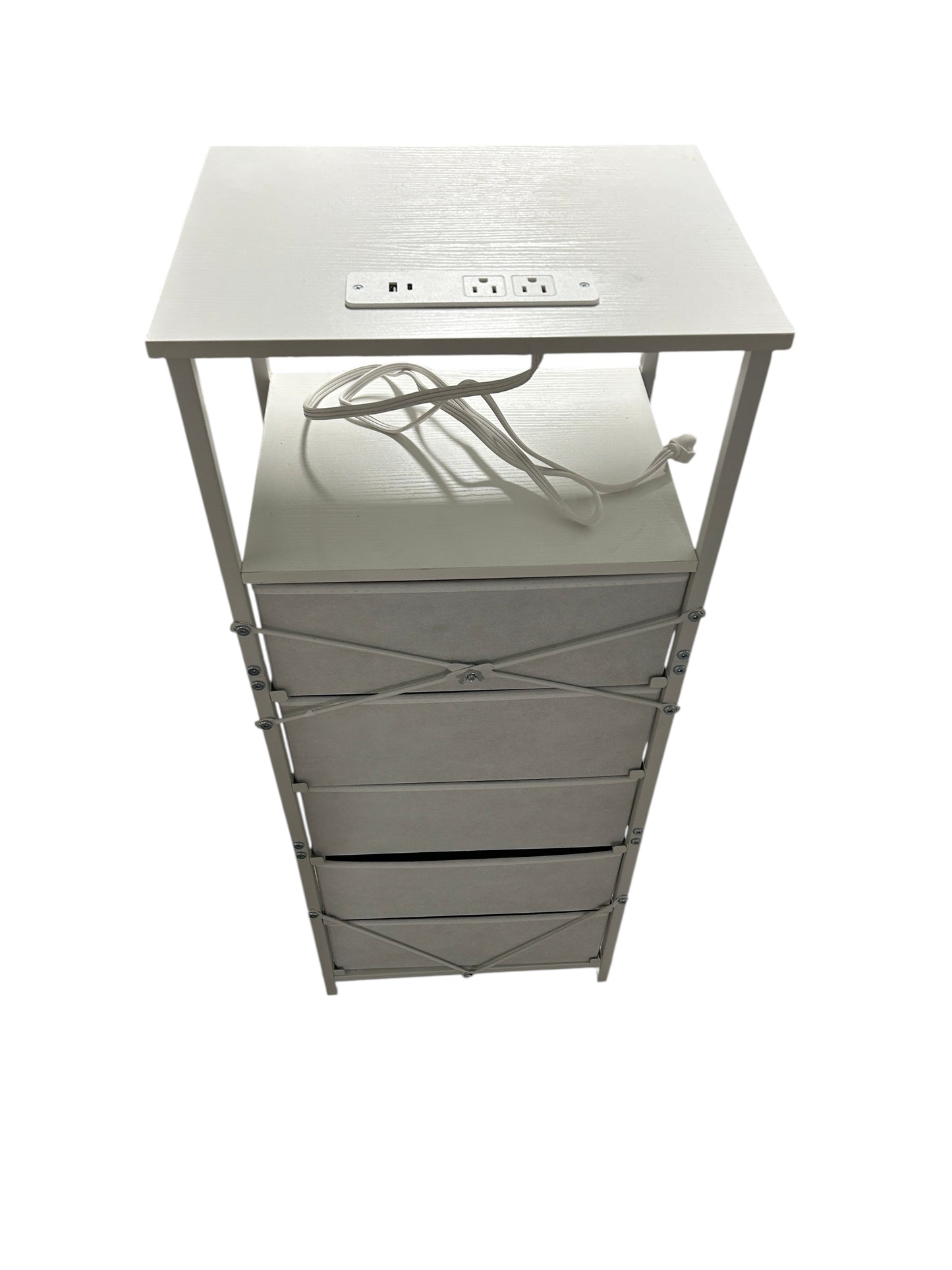White nightstand with 5 drawers and power outlets.