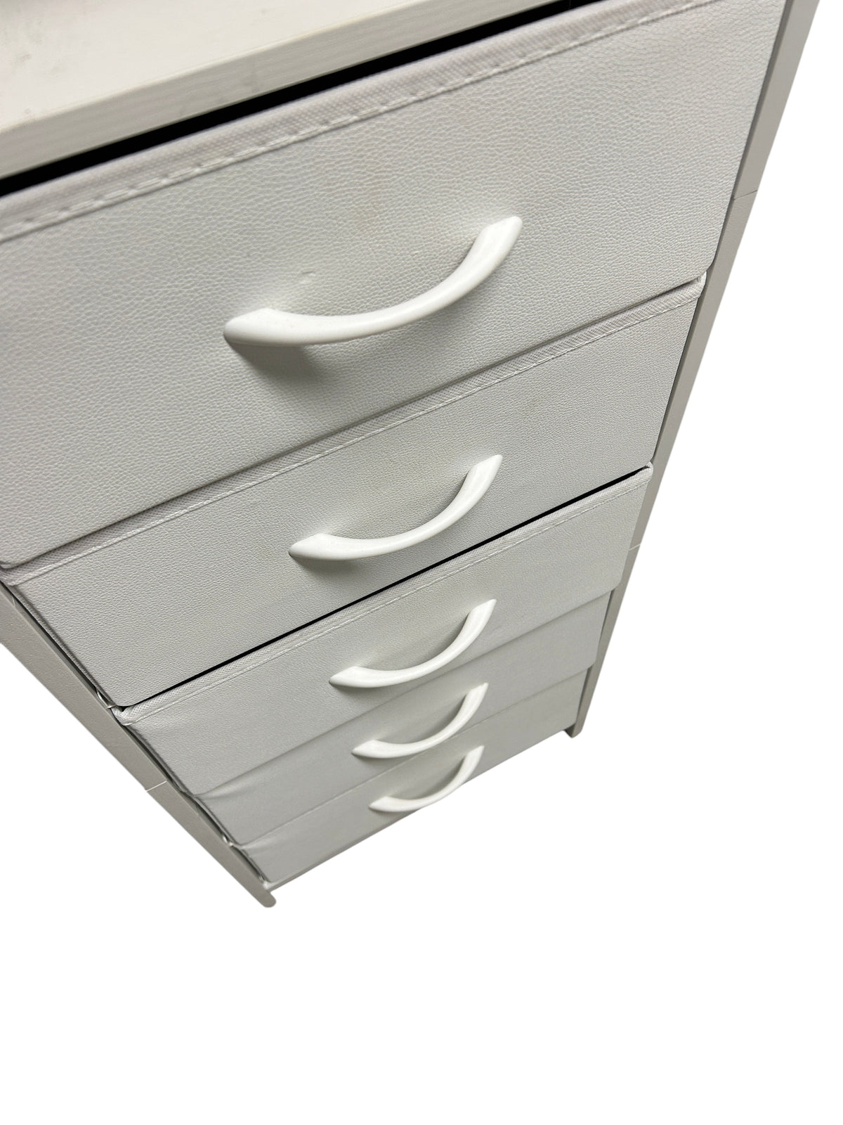 White nightstand with 5 drawers and power outlets.