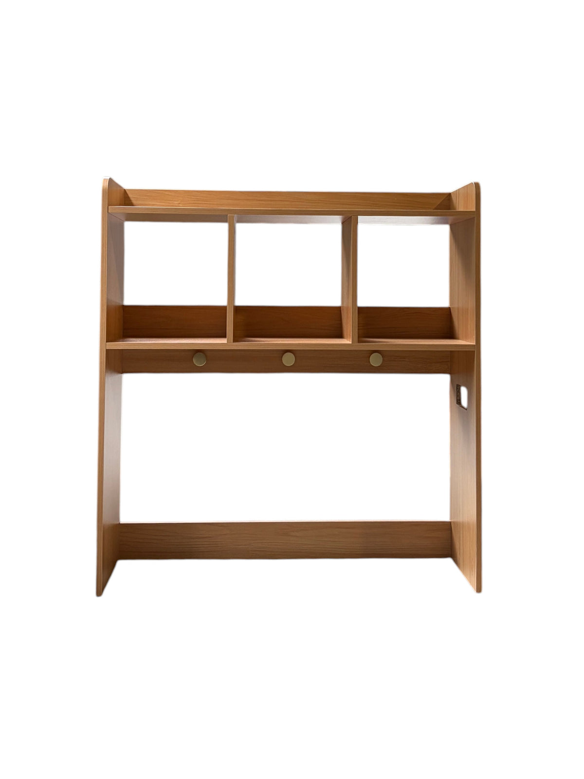Wooden desk hutch with gold knobs.
