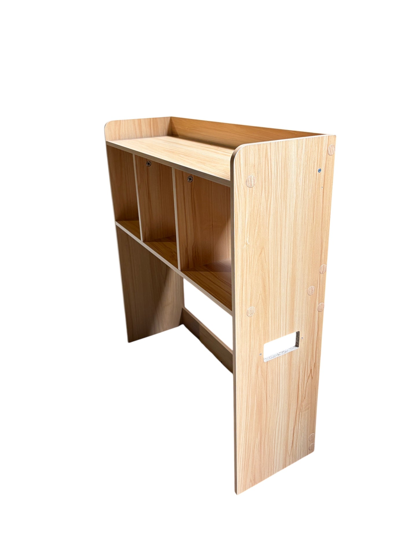 Wooden desk hutch with gold knobs.
