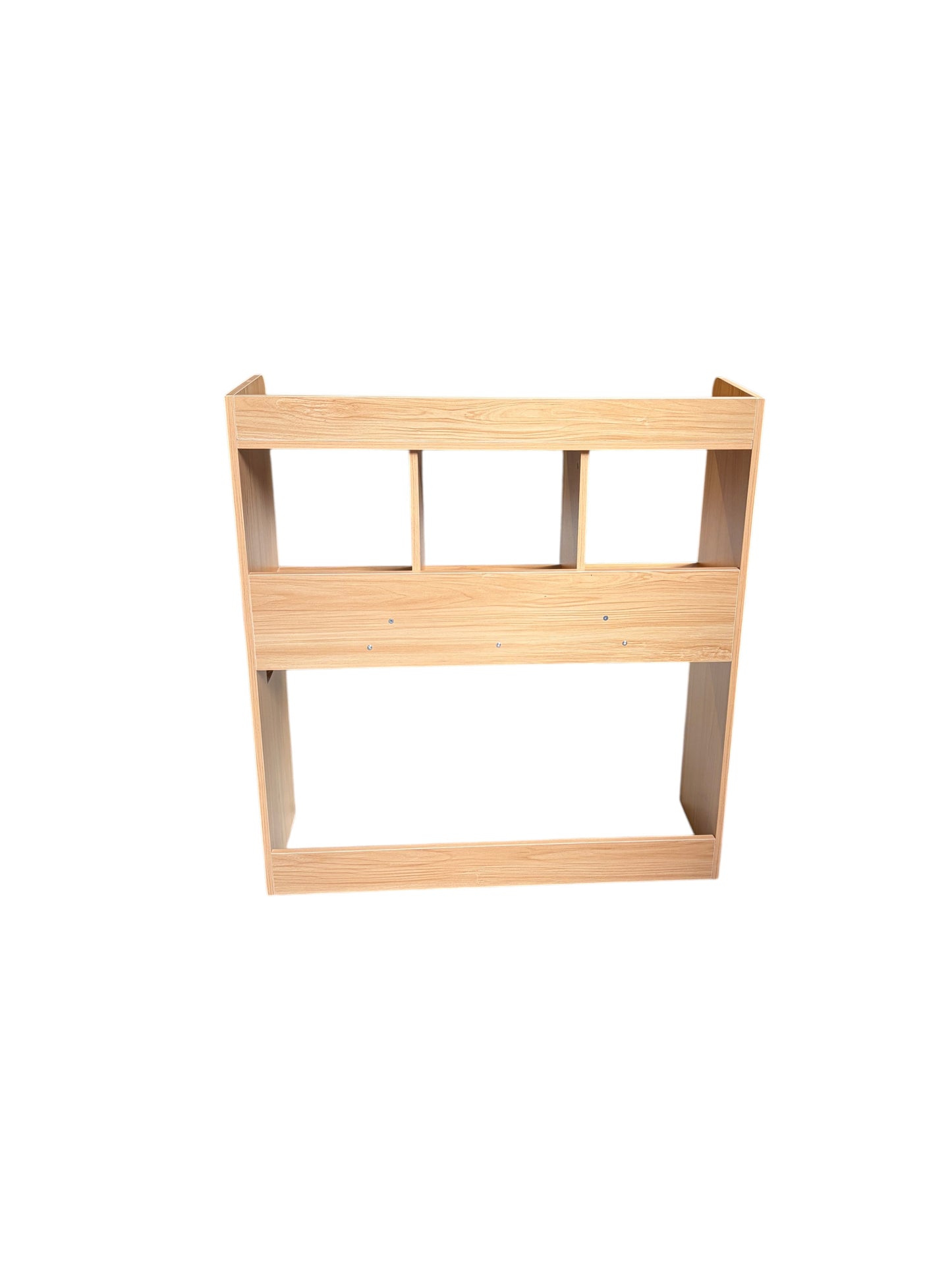 Wooden desk hutch with gold knobs.