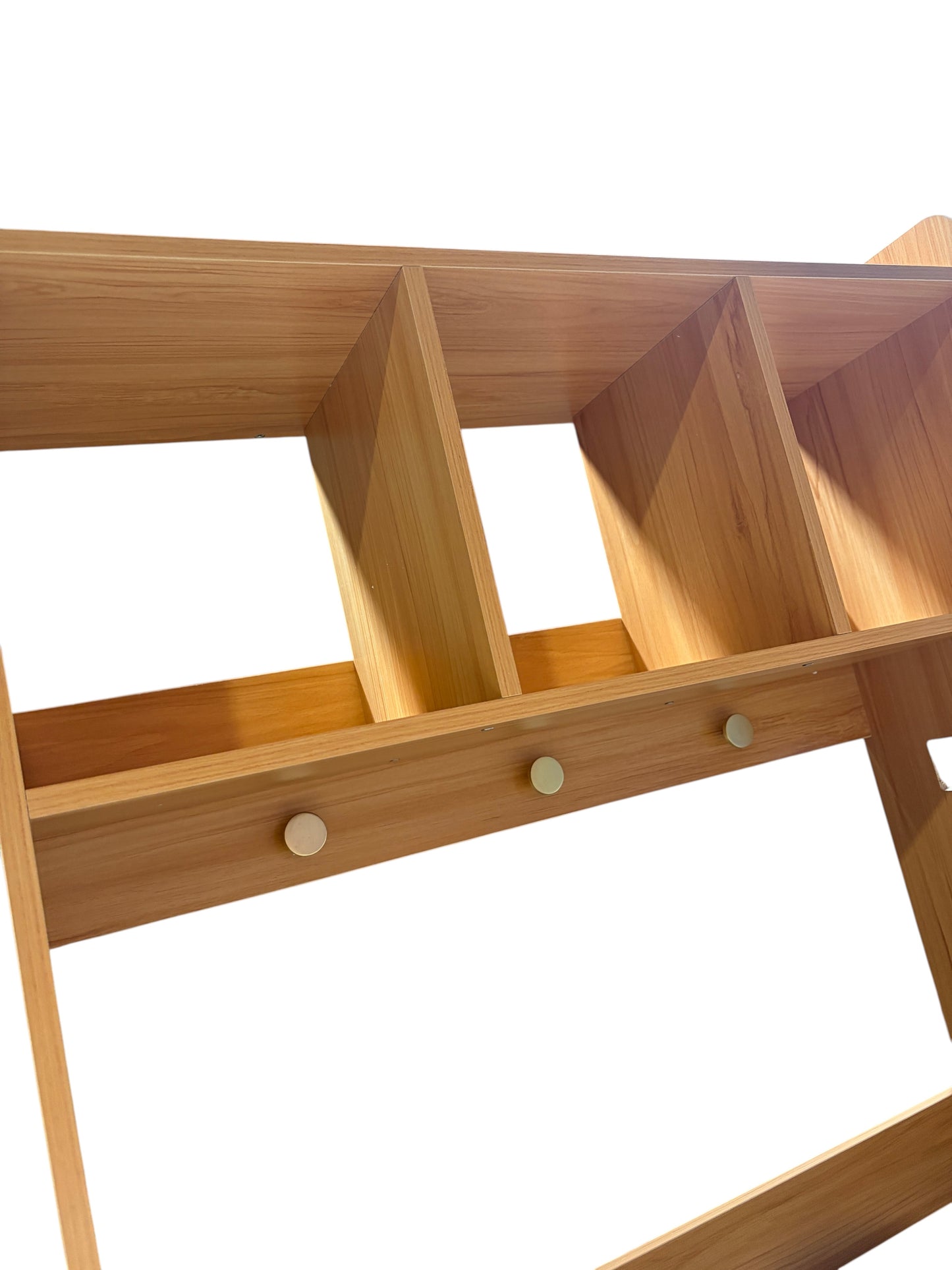 Wooden desk hutch with gold knobs.