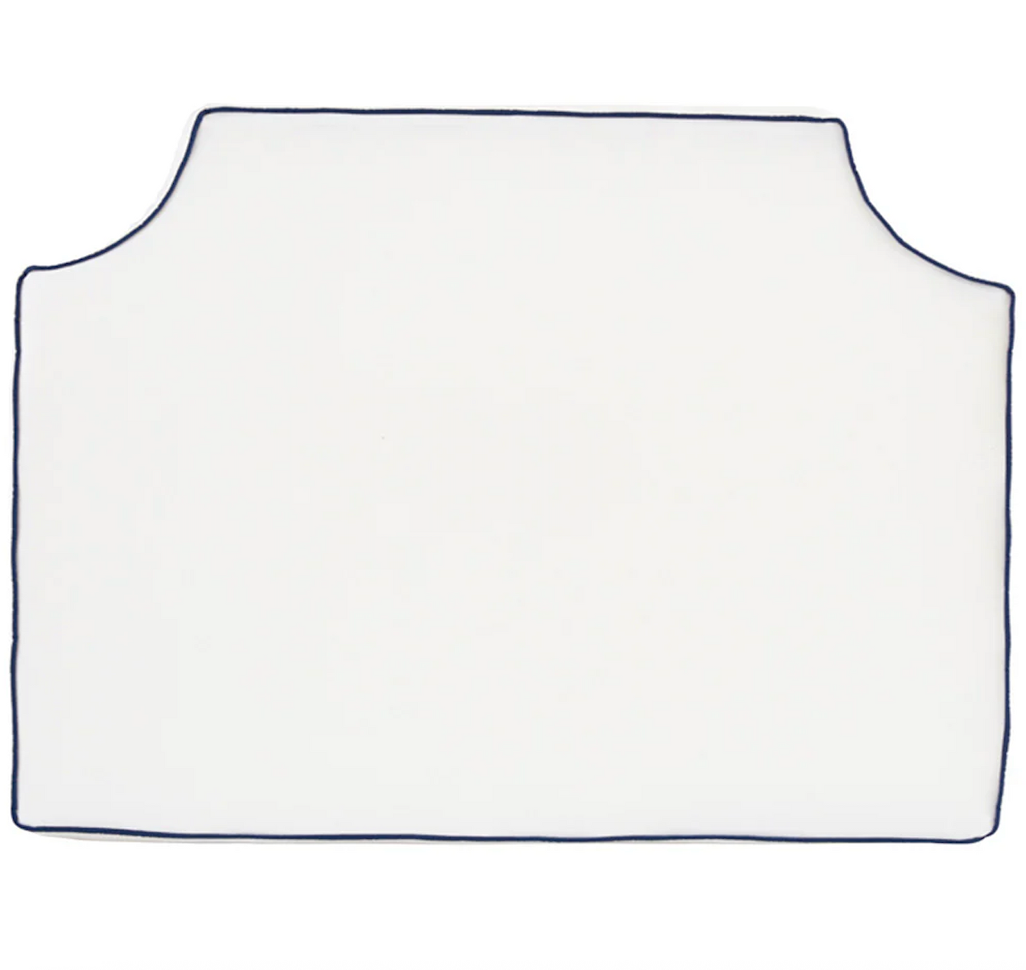 Room 422 twin white headboard with navy blue piping trim along the edges.