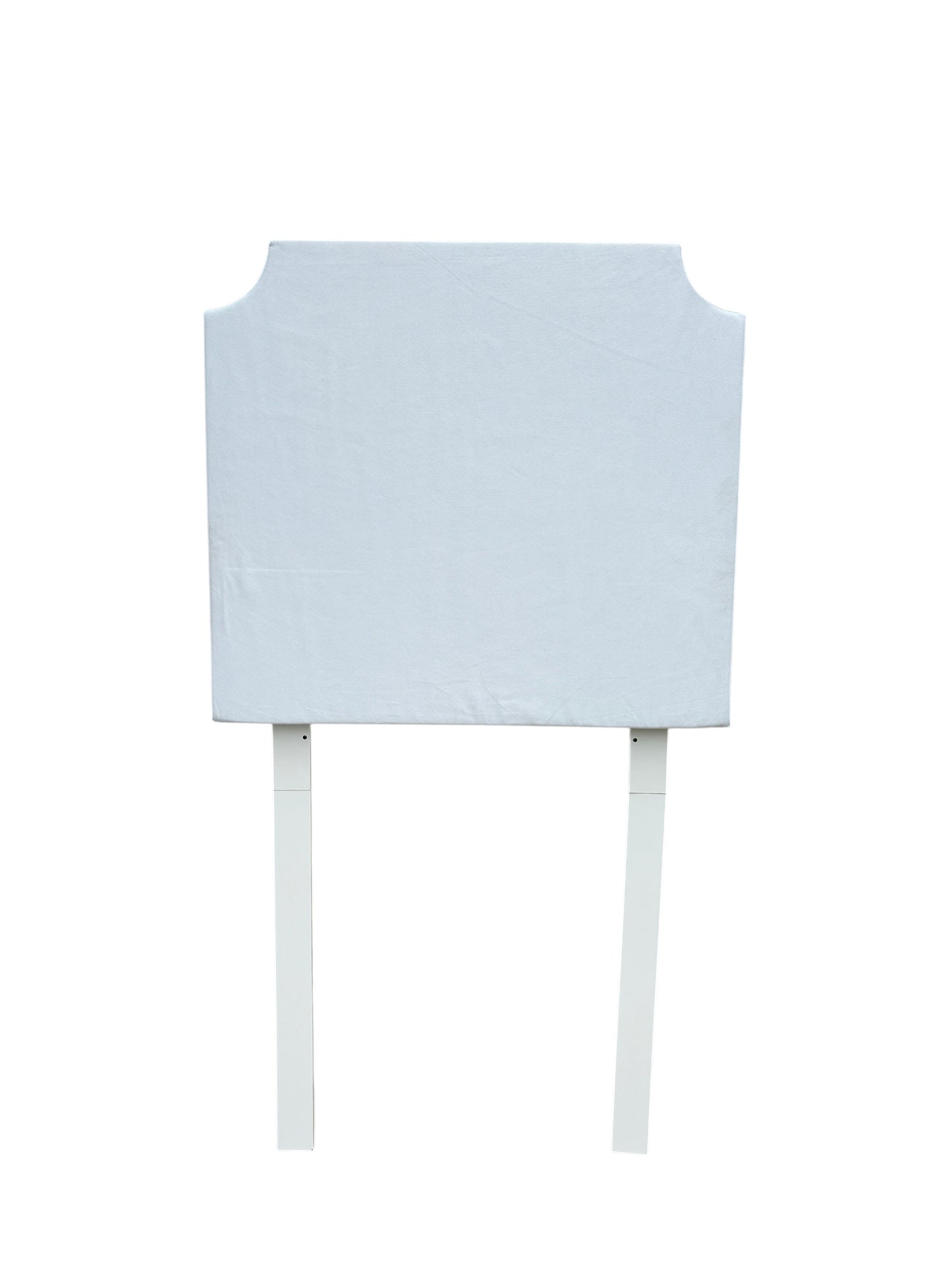 White twin headboard with wooden legs.