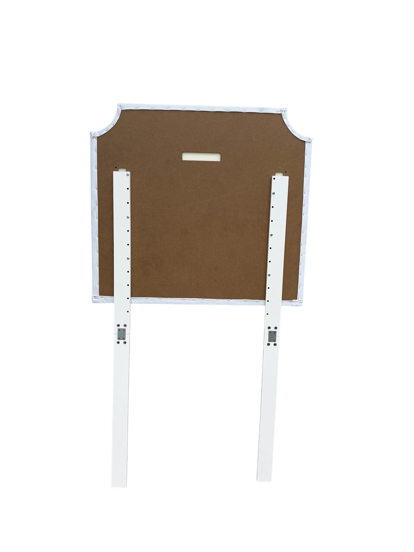 White twin headboard with wooden legs.