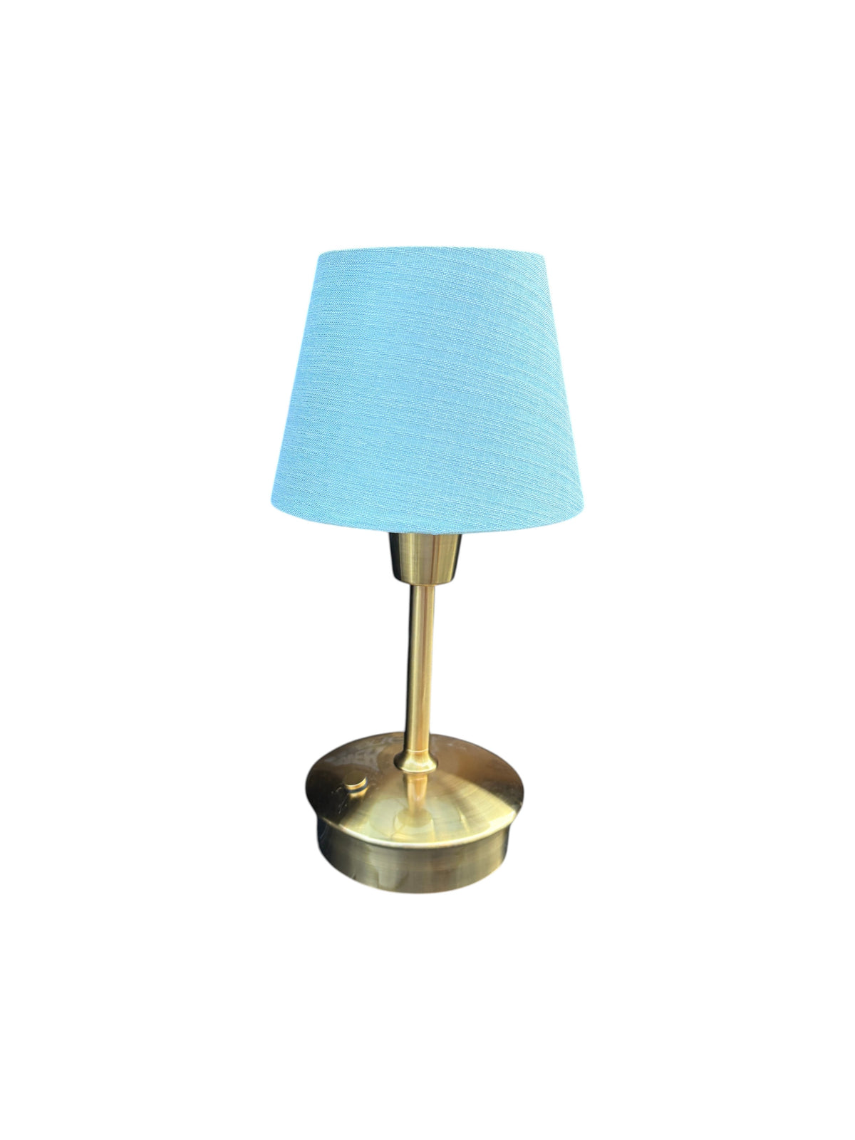 Gold table lamp with a light blue shade.