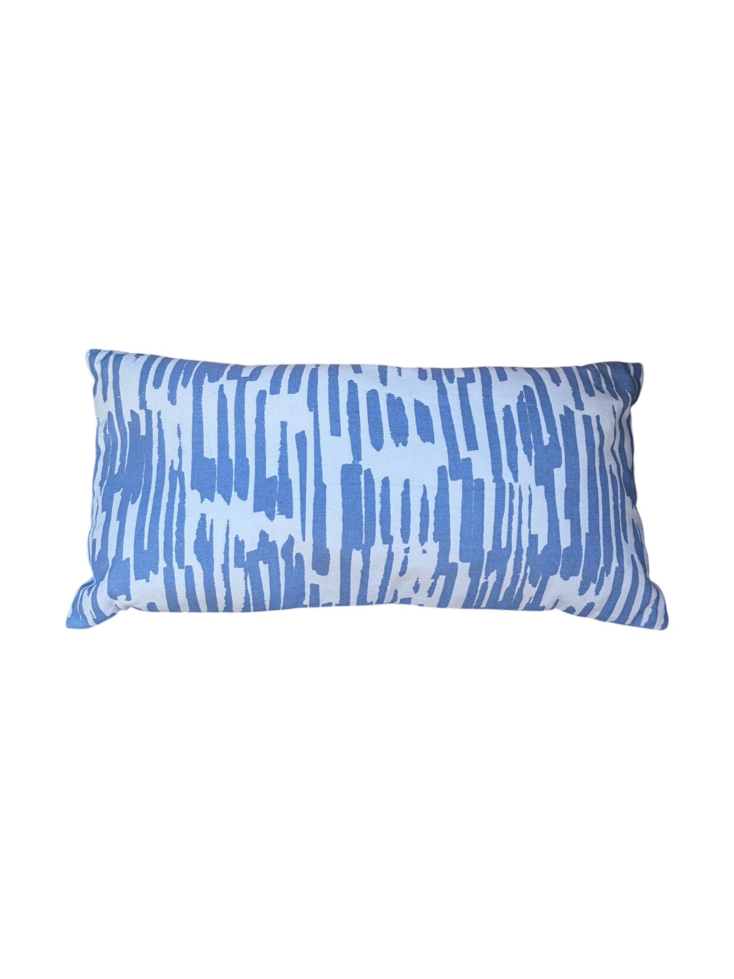 Blue and white patterned throw pillow.