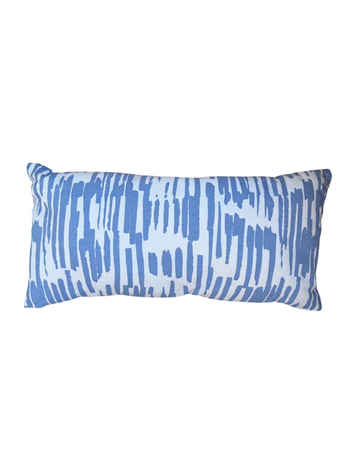 Blue and white patterned throw pillow.