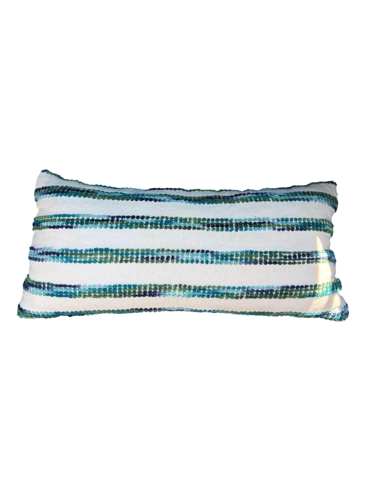 Blue and green striped rectangular throw pillow.