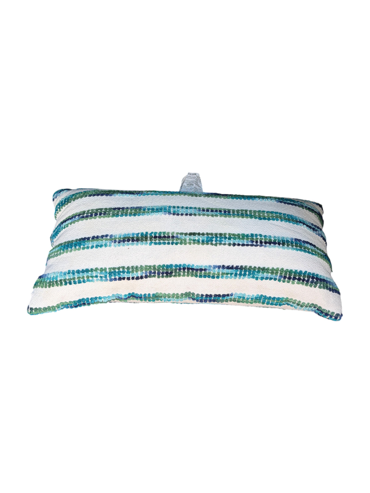 Blue and green striped rectangular throw pillow.