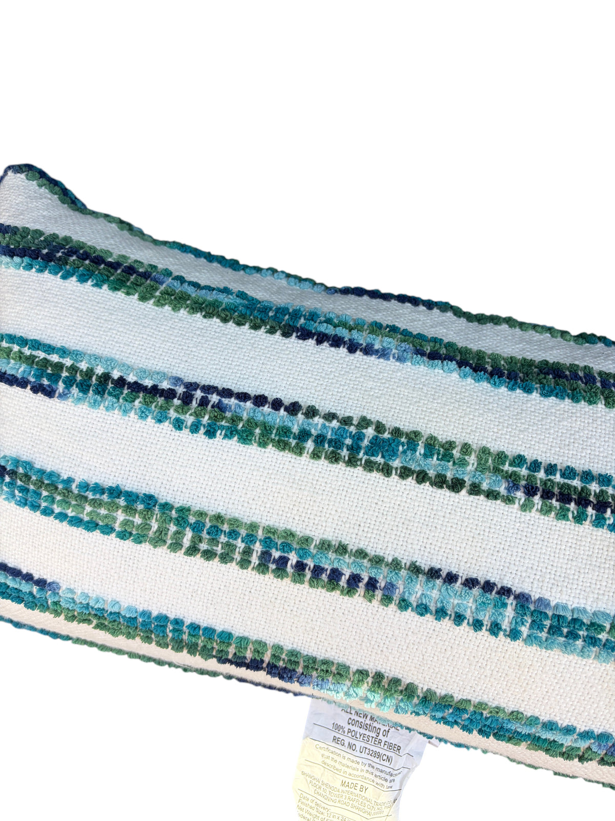 Blue and green striped rectangular throw pillow.