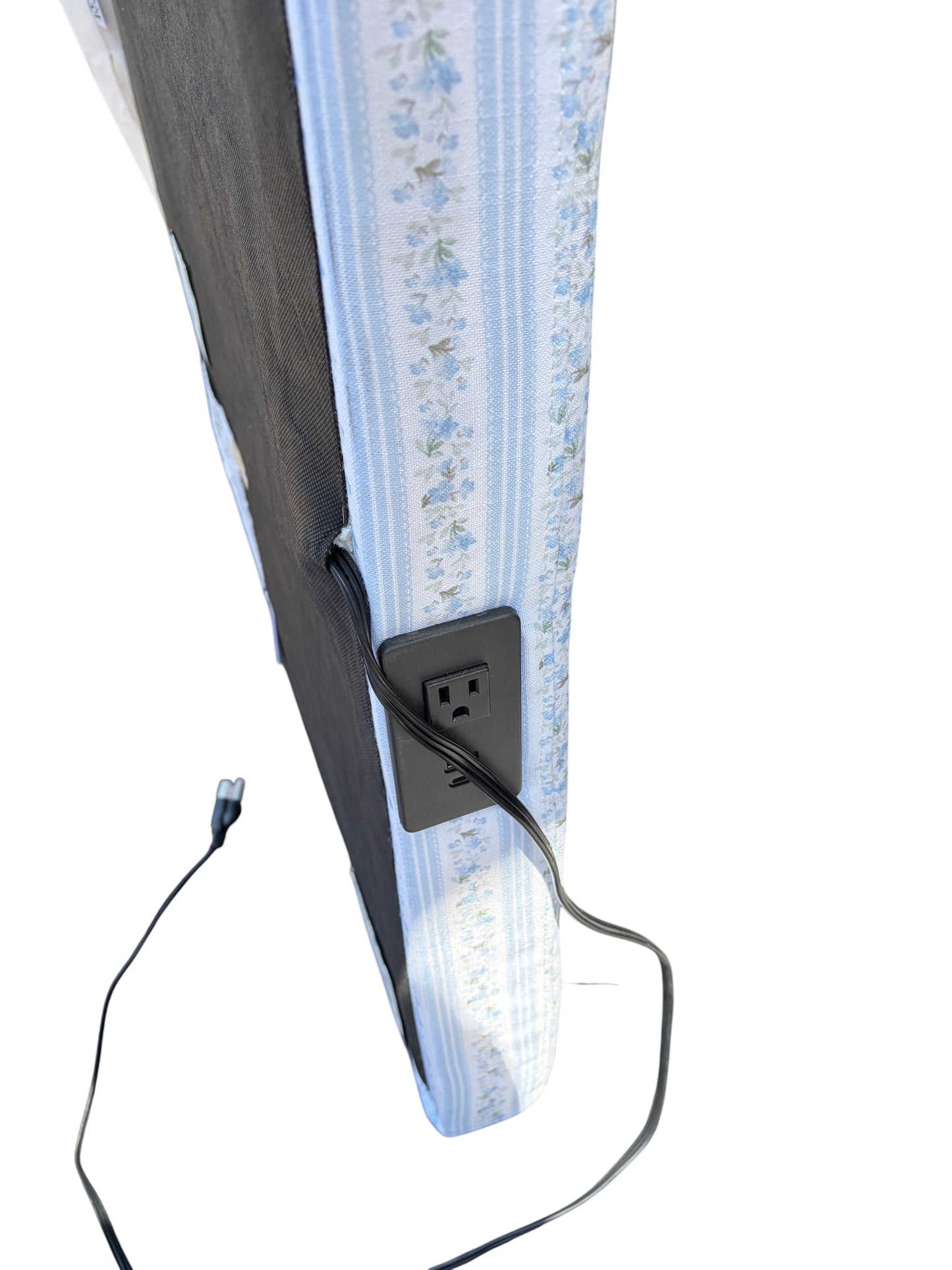 Pottery Barn Teen x LoveShackFancy blue floral twin headboard with charging port.