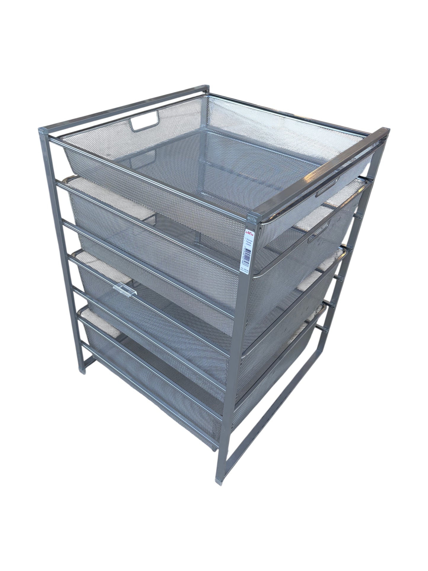 The Container Store Elfa gray metal storage with 4 drawers.