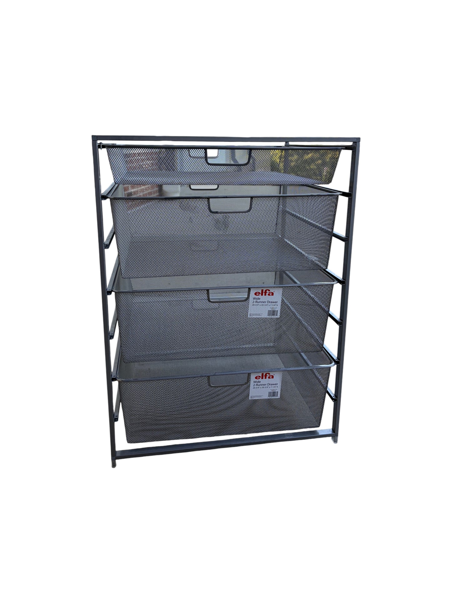 The Container Store Elfa gray metal storage with 4 drawers.