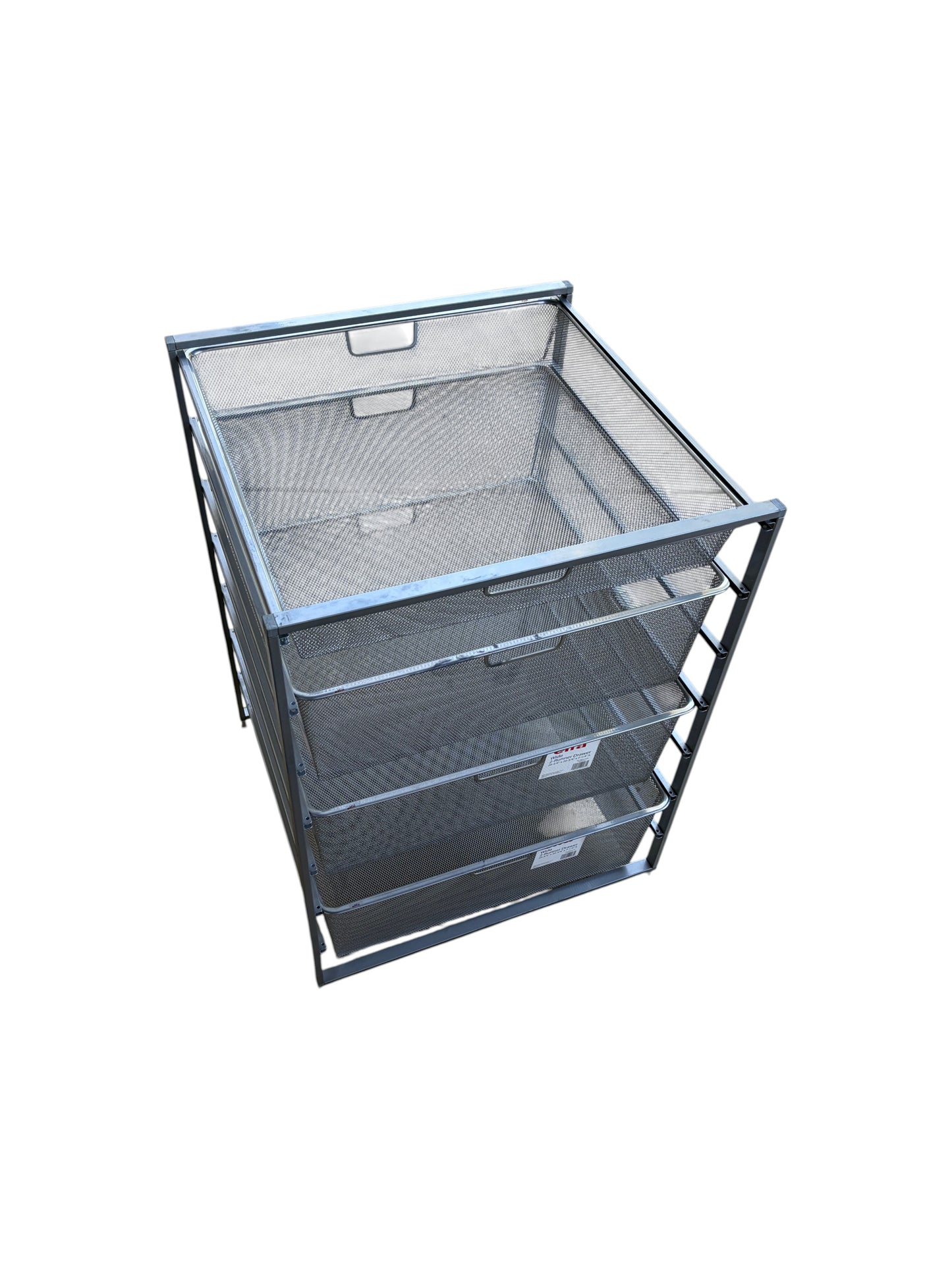 The Container Store Elfa gray metal storage with 4 drawers.