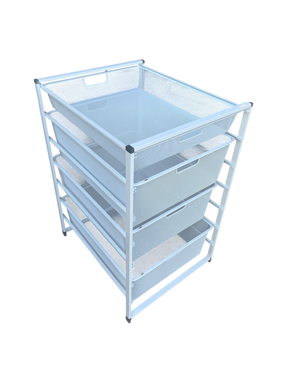 The Container Store Elfa white metal storage with 4 drawers.