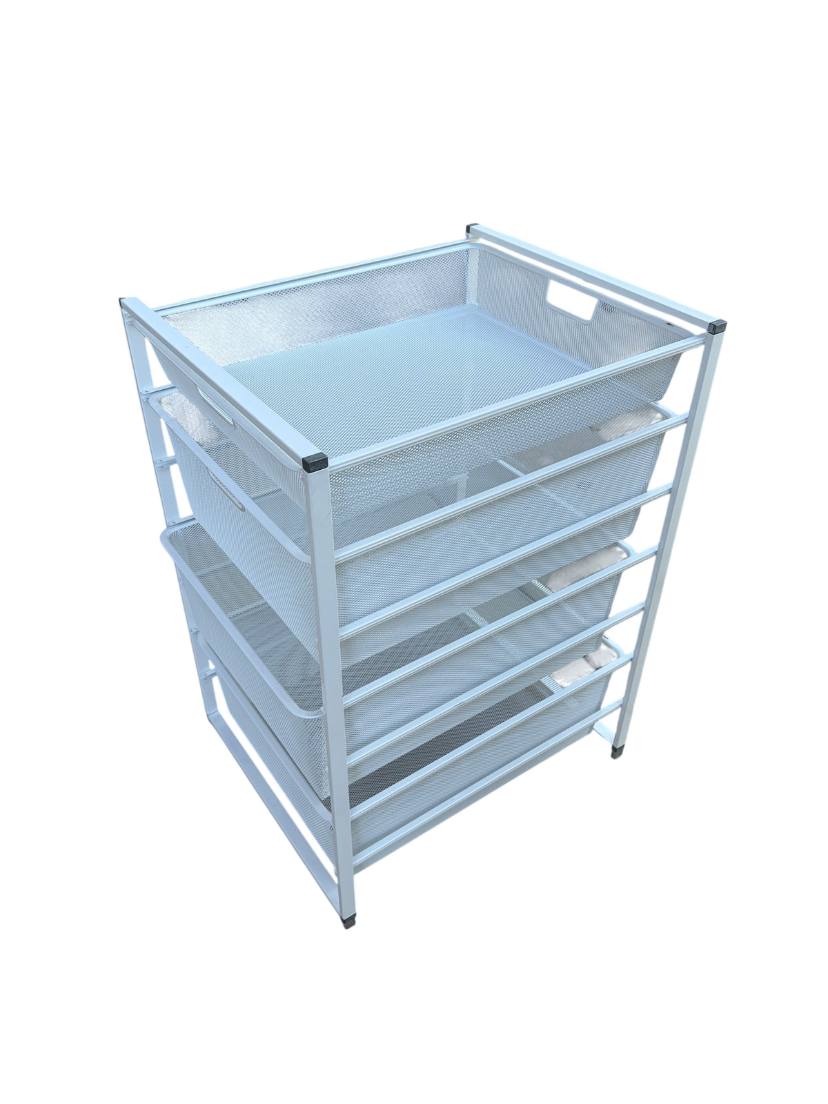 The Container Store Elfa white metal storage with 4 drawers.