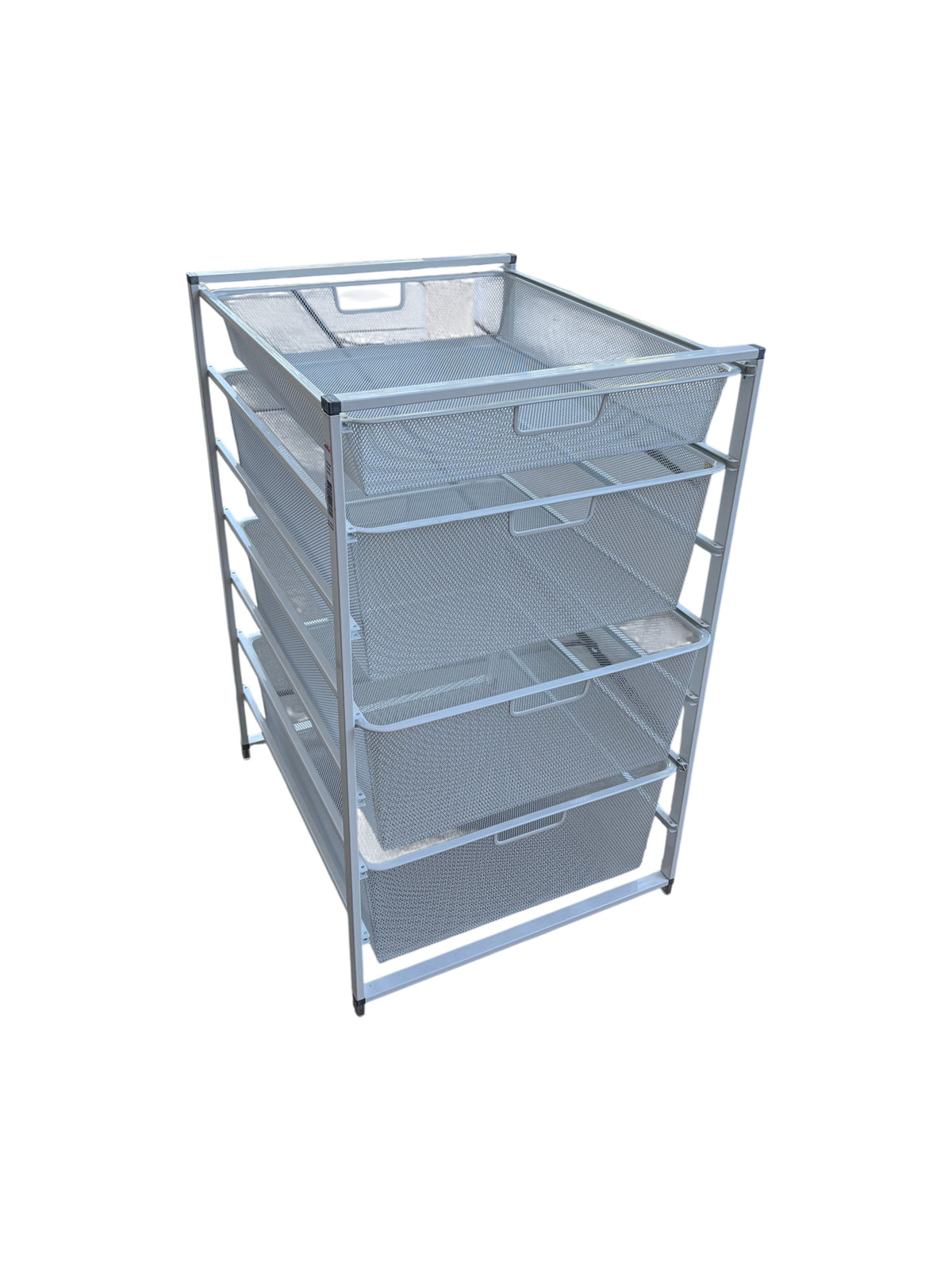 The Container Store Elfa white metal storage with 4 drawers.