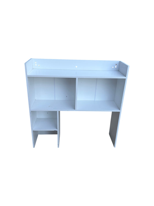 White wooden desk hutch.