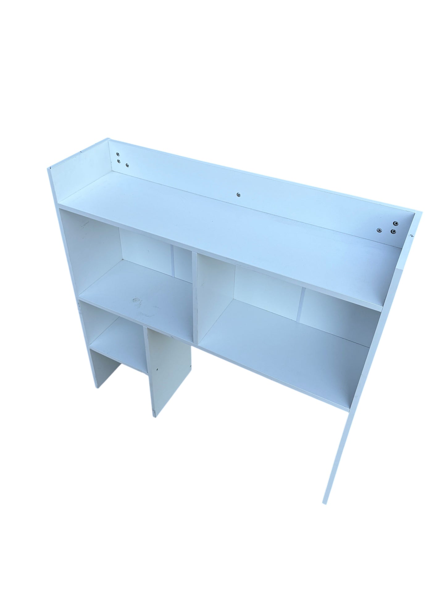 White wooden desk hutch.