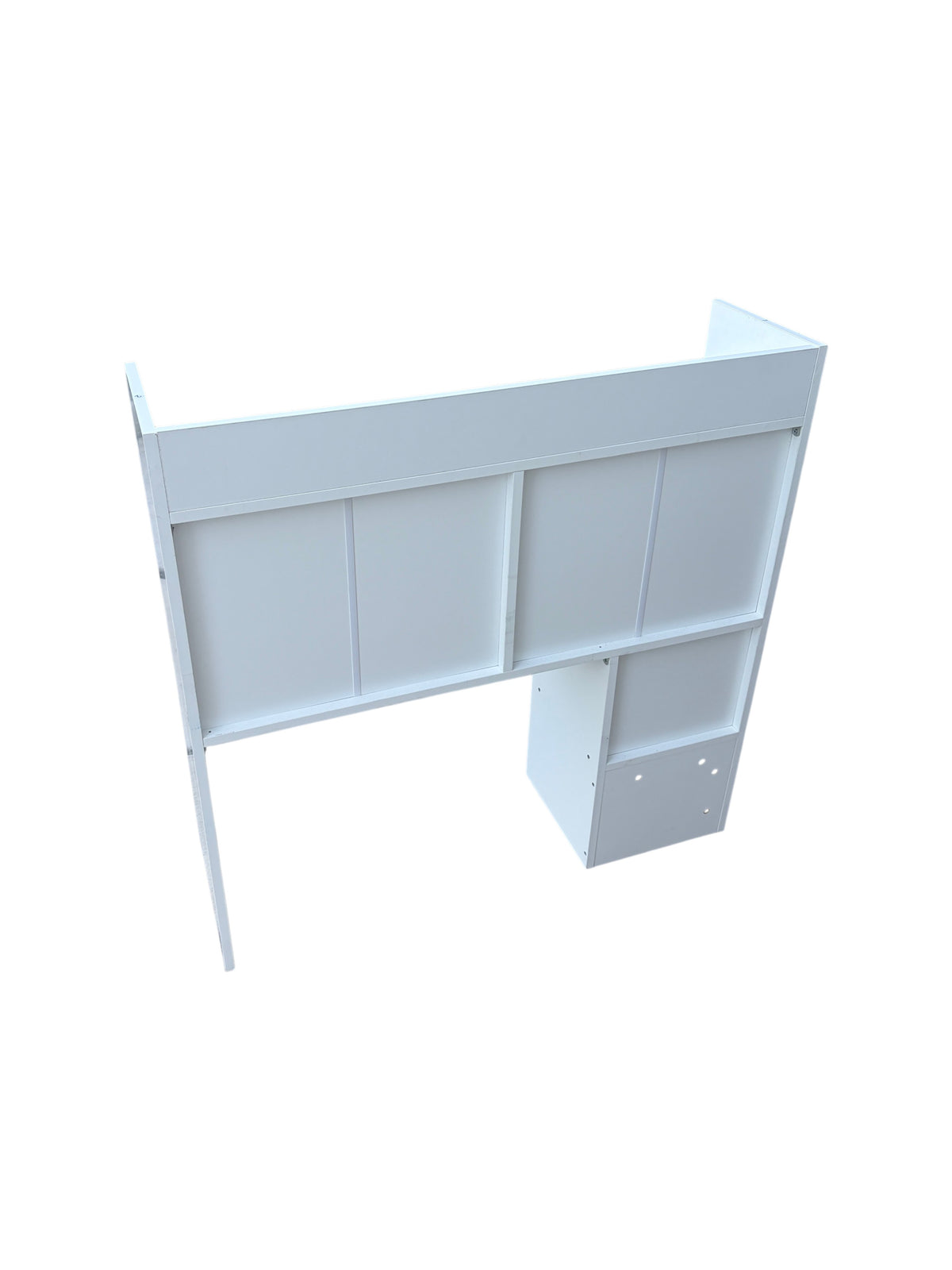 White wooden desk hutch.