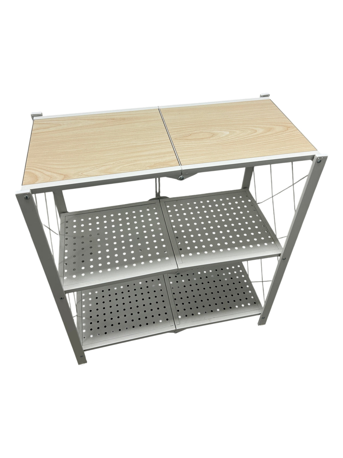 3-tier white metal storage shelf with light wood top.