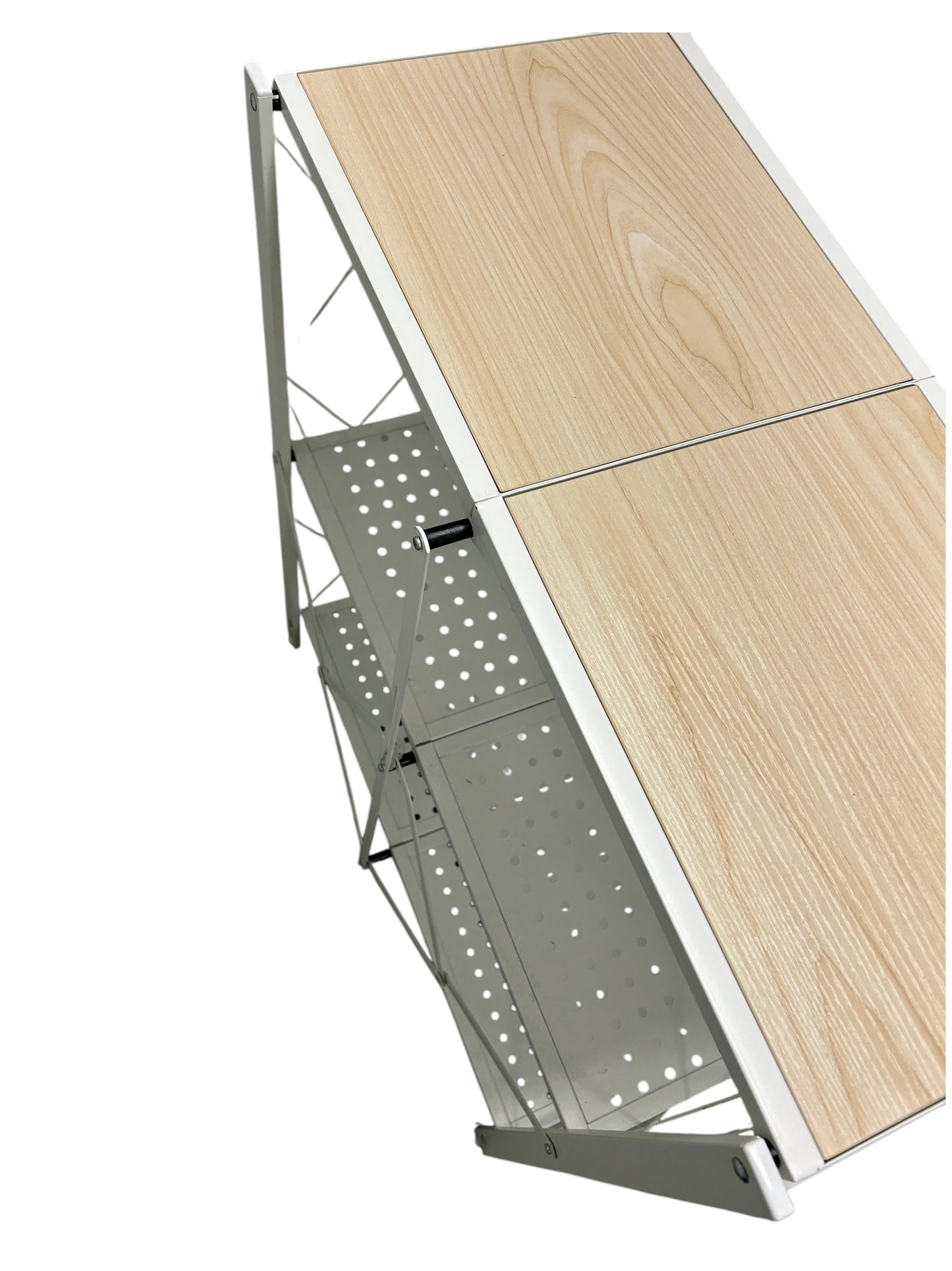 3-tier white metal storage shelf with light wood top.