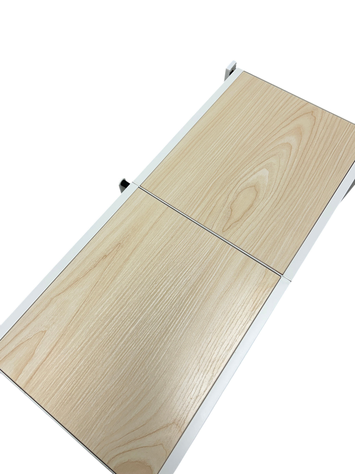 3-tier white metal storage shelf with light wood top.